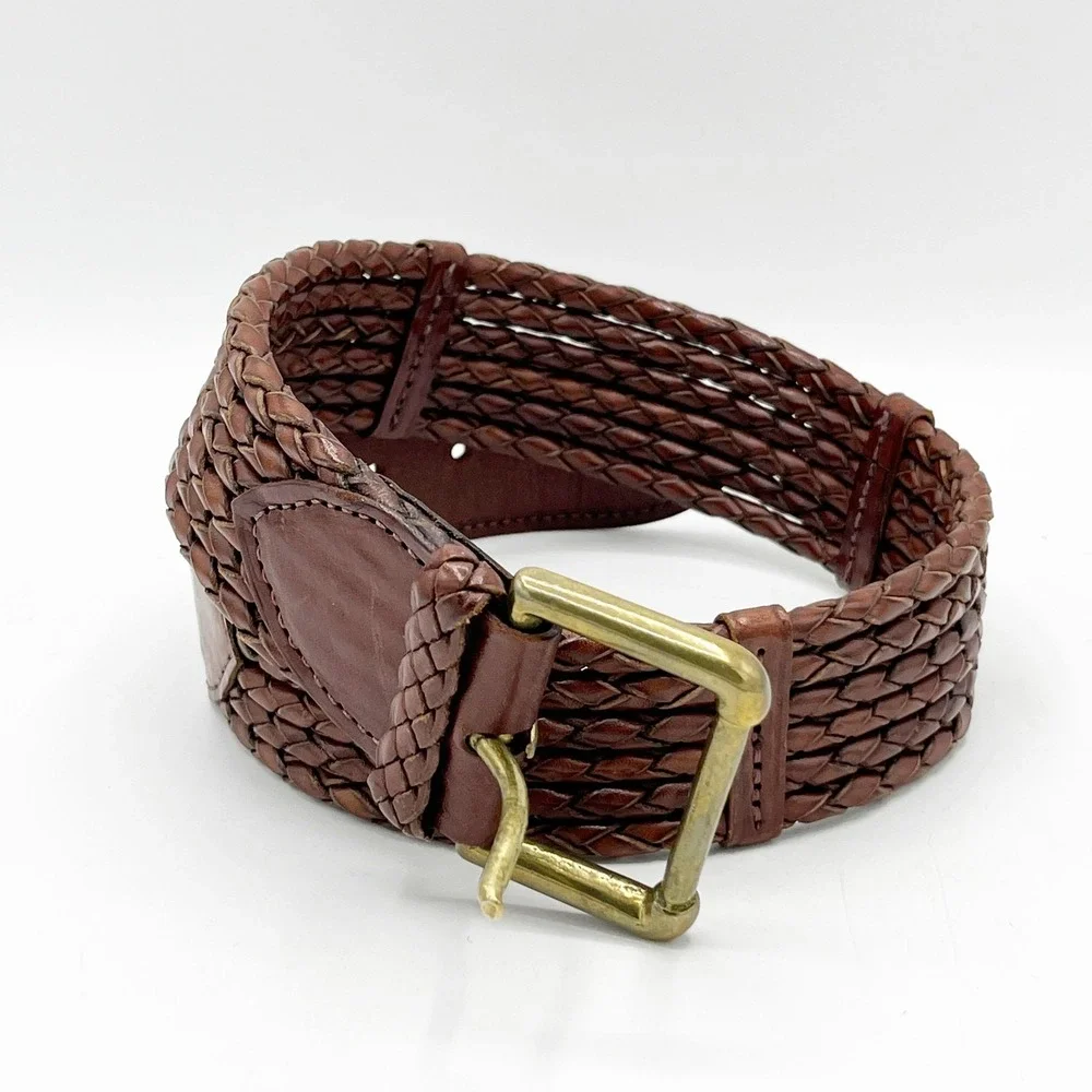 Ralph Lauren Belt Womens 26 Brown Leather Braided 2 in Wide Classic Equestrian